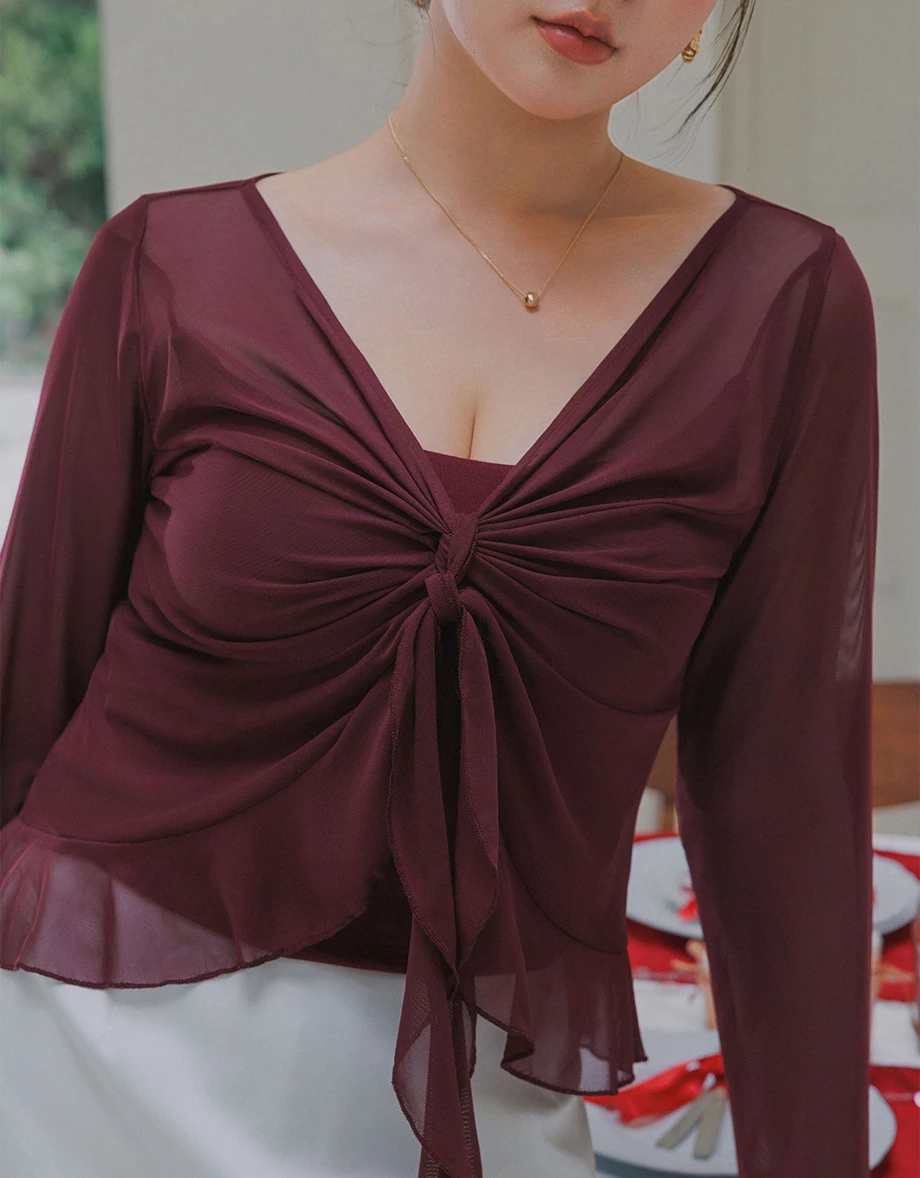 V Neck Twist Front Sheer Mesh Shruged and Matching Spaghetti Strap Padded Camisole Set Wear V Neck Twist Front Sheer Mesh Shruged and Matching Spaghetti Strap Padded Camisole Set Wear