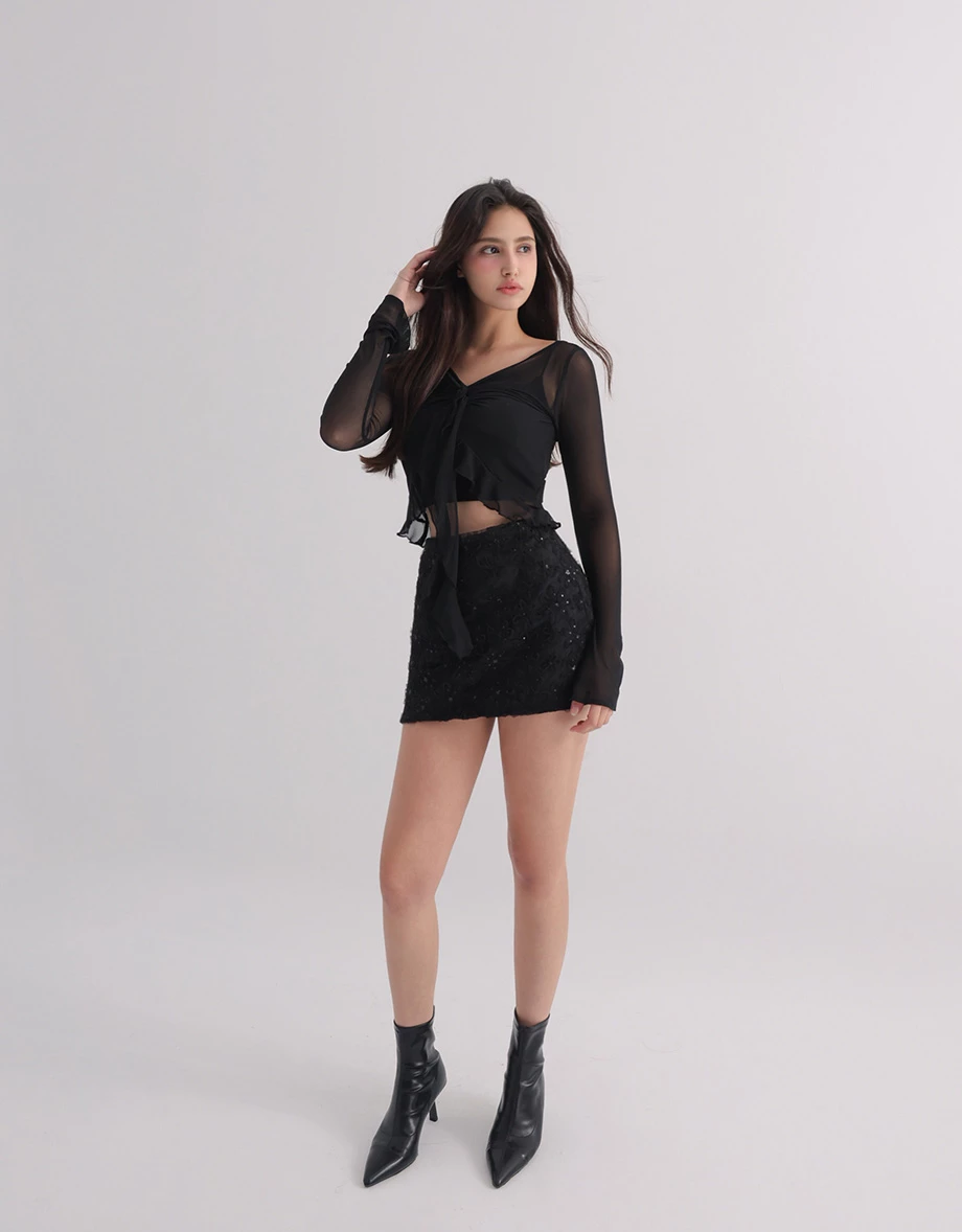 V Neck Twist Front Sheer Mesh Shruged and Matching Spaghetti Strap Padded Camisole Set Wear V Neck Twist Front Sheer Mesh Shruged and Matching Spaghetti Strap Padded Camisole Set Wear