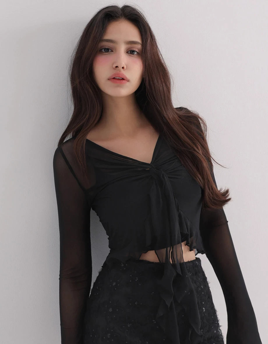 V Neck Twist Front Sheer Mesh Shruged and Matching Spaghetti Strap Padded Camisole Set Wear V Neck Twist Front Sheer Mesh Shruged and Matching Spaghetti Strap Padded Camisole Set Wear