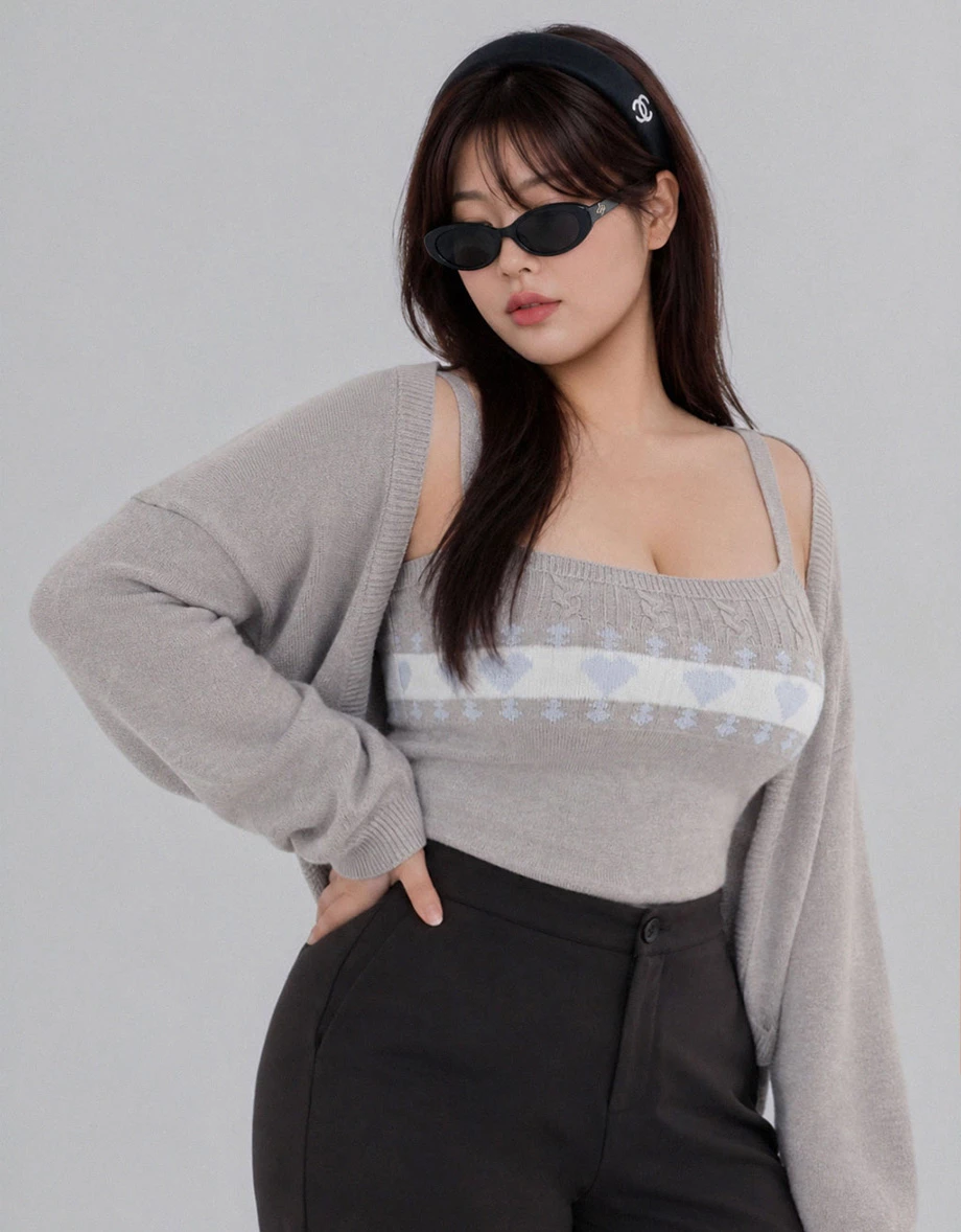 Drop Shoulder Crop Shrug and Heart Jacquard Cable Knit Camisole Top Set Wear