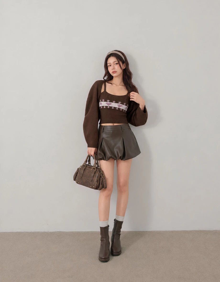 Drop Shoulder Crop Shrug and Heart Jacquard Cable Knit Camisole Top Set Wear
