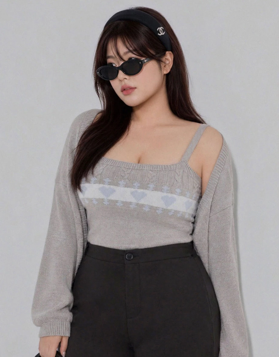 Drop Shoulder Crop Shrug and Heart Jacquard Cable Knit Camisole Top Set Wear Drop Shoulder Crop Shrug and Heart Jacquard Cable Knit Camisole Top Set Wear