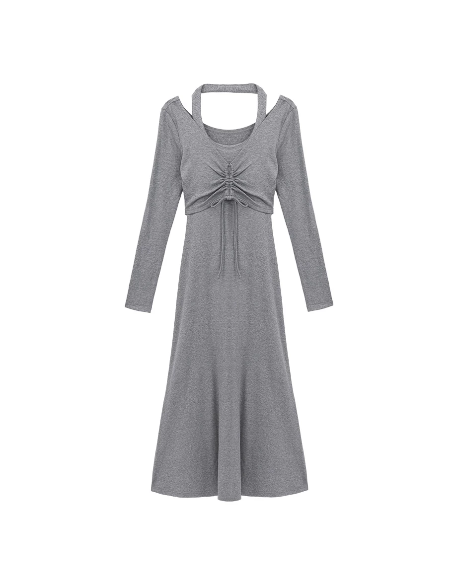 【Heat Tech】Ruched Bust Drawstring Long Sleeve Outer Top and Layered Halter Neck Padded Maxi Dress Set Wear