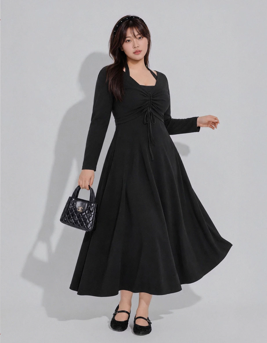 【Heat Tech】Ruched Bust Drawstring Long Sleeve Outer Top and Layered Halter Neck Padded Maxi Dress Set Wear