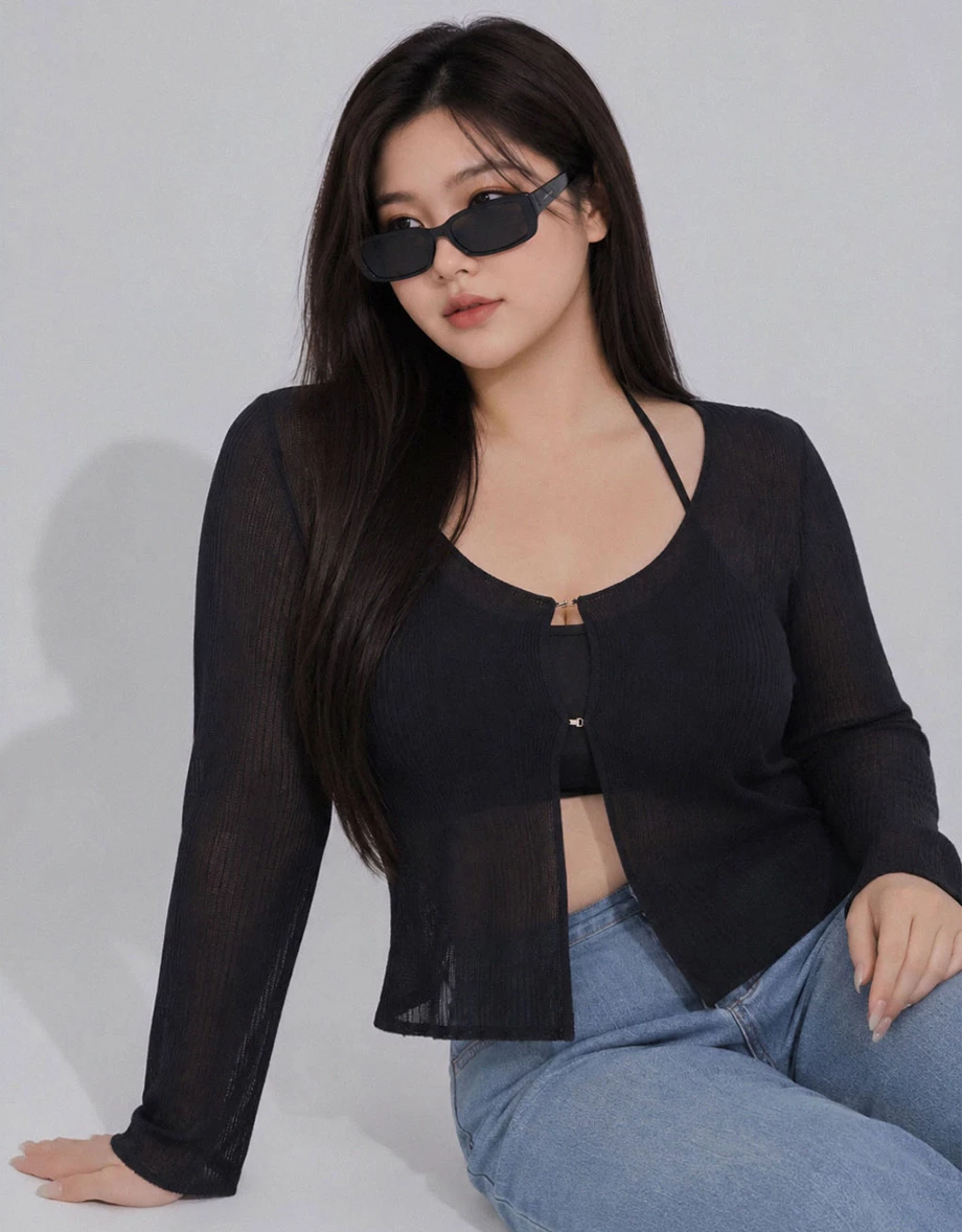 V領金屬勾扣長袖羅紋針織開襟衫 V領金屬勾扣長袖羅紋針織開襟衫