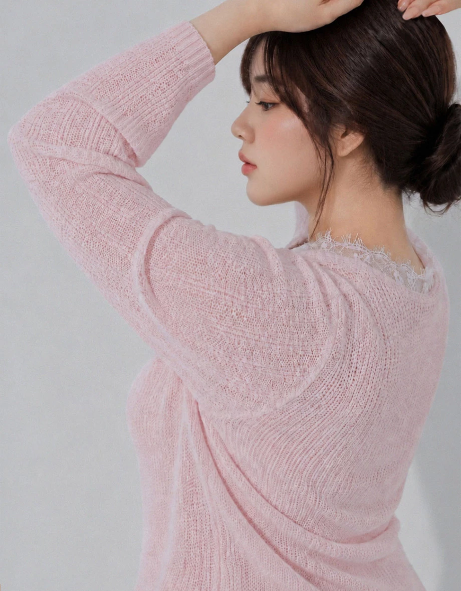 2 Way Lace Trim V Neck Open Knit Sweater 2 Way Lace Trim V Neck Open Knit Sweater