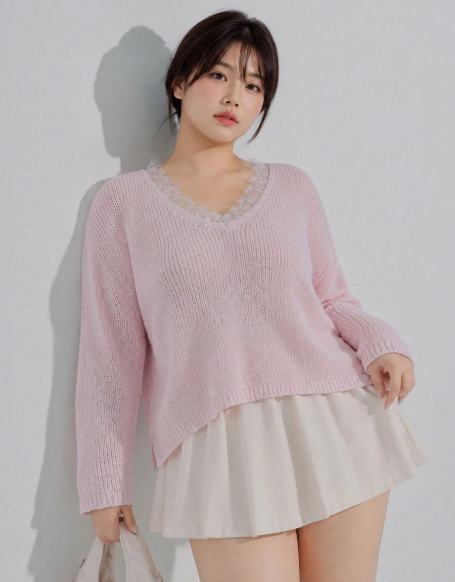 2 Way Lace Trim V Neck Open Knit Sweater 2 Way Lace Trim V Neck Open Knit Sweater