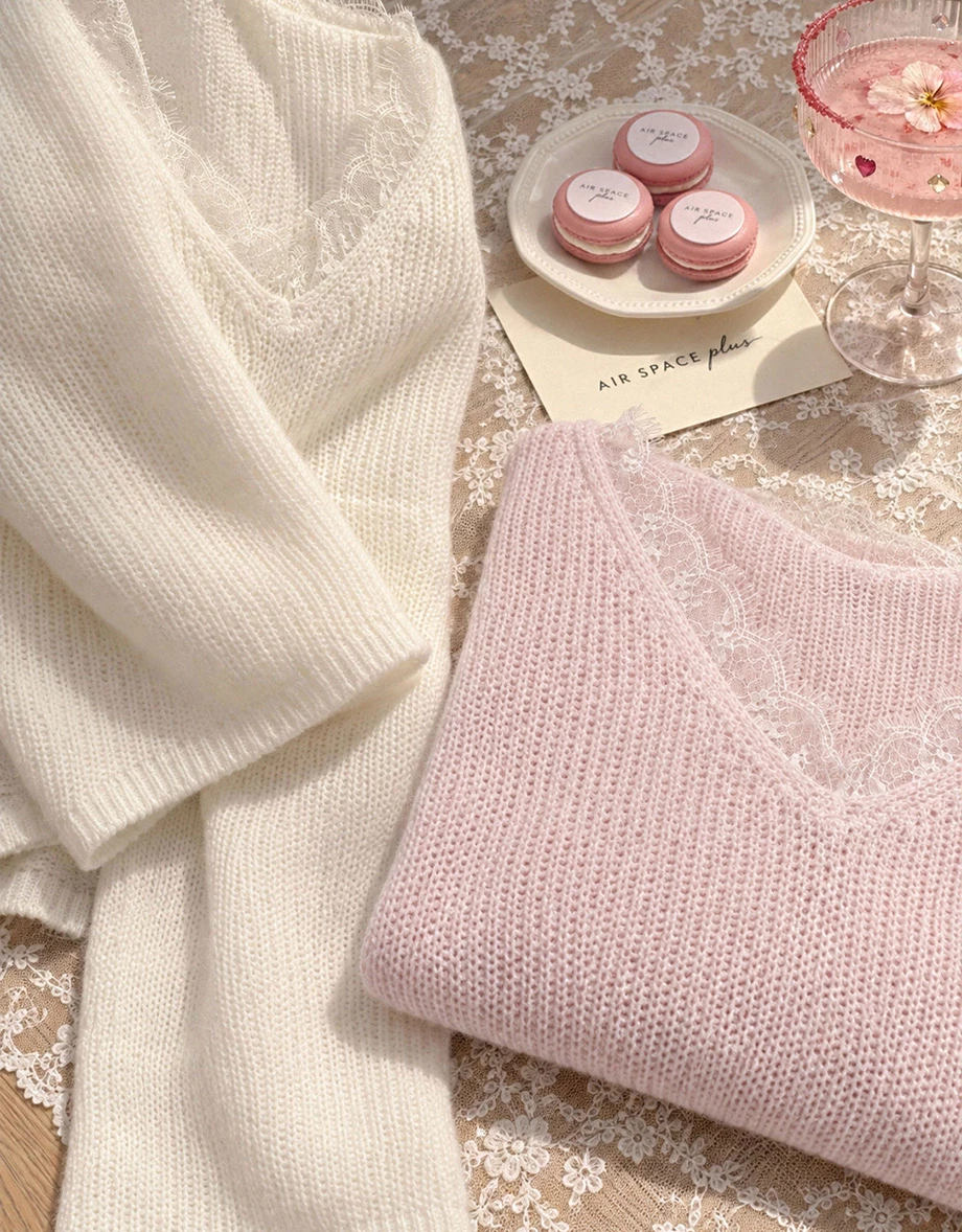 2 Way Lace Trim V Neck Open Knit Sweater 2 Way Lace Trim V Neck Open Knit Sweater