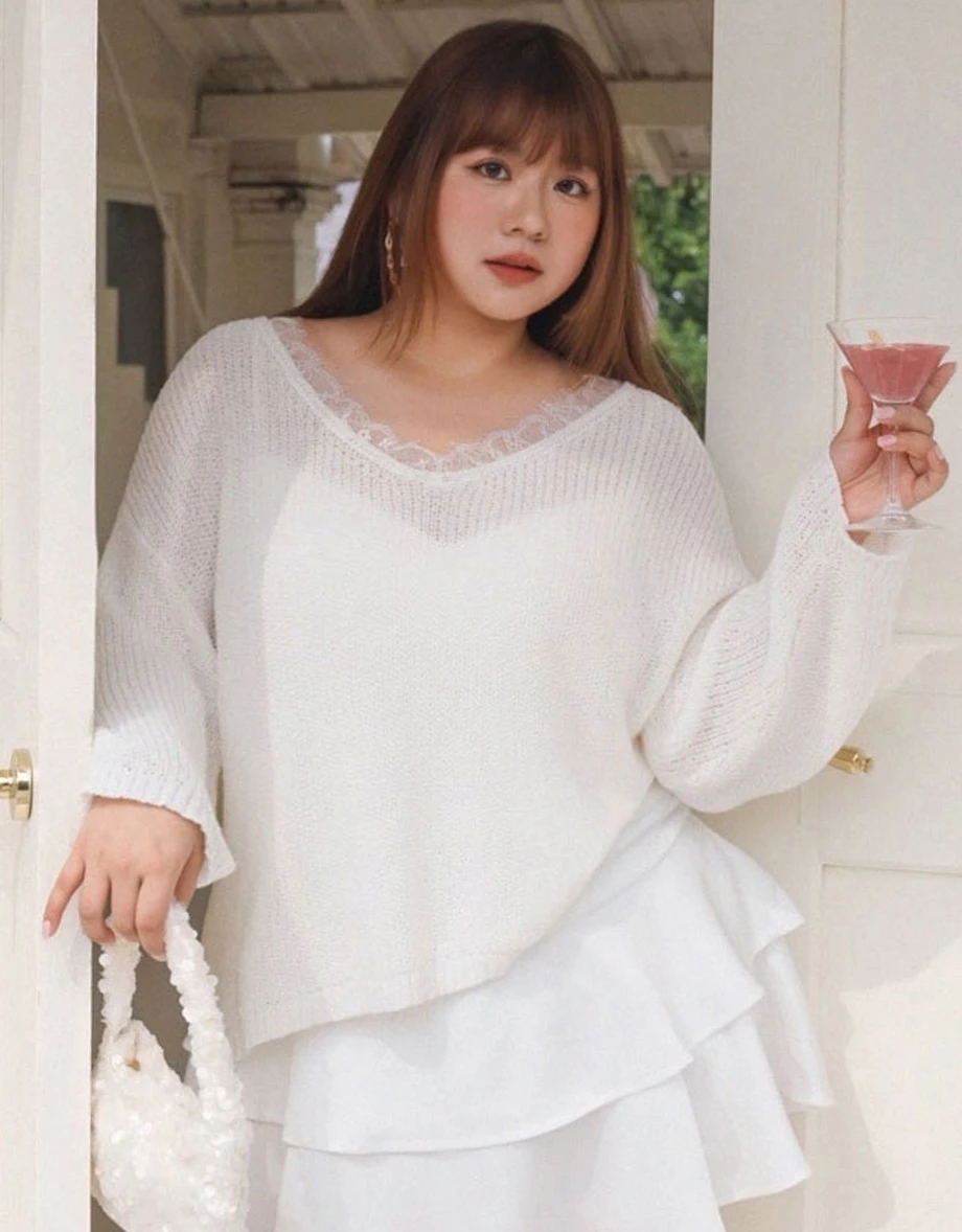 2 Way Lace Trim V Neck Open Knit Sweater