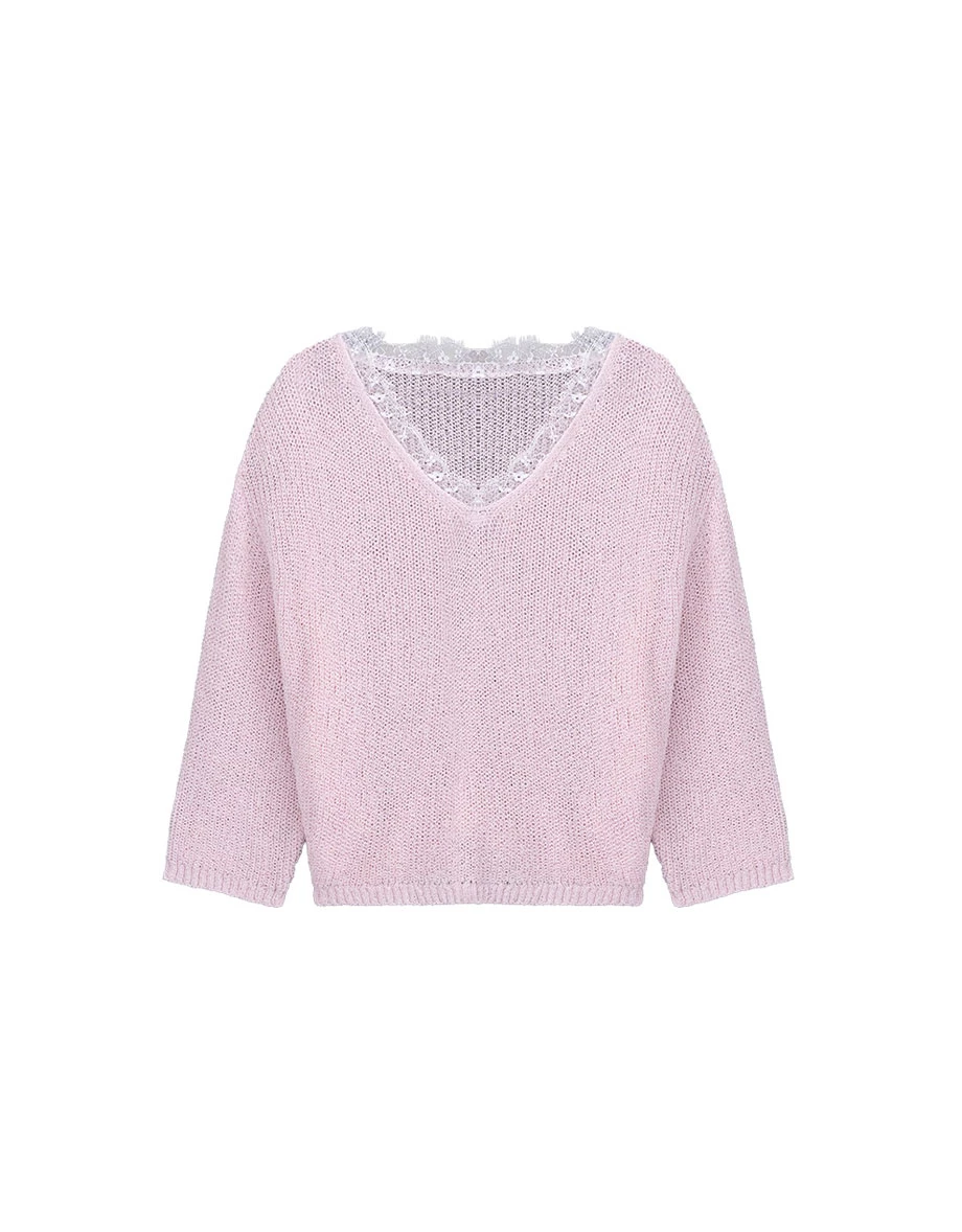 2 Way Lace Trim V Neck Open Knit Sweater 2 Way Lace Trim V Neck Open Knit Sweater