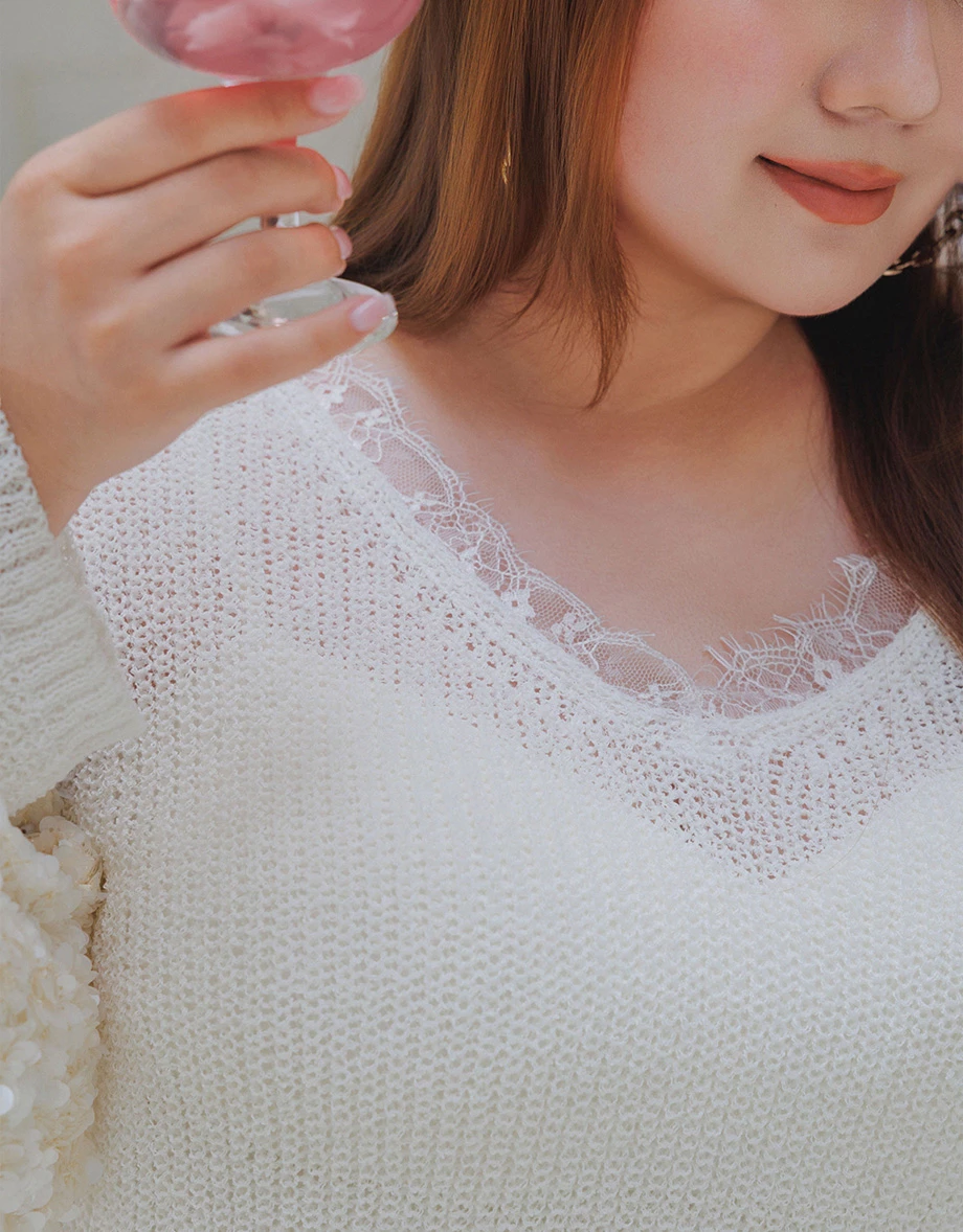 2 Way Lace Trim V Neck Open Knit Sweater 2 Way Lace Trim V Neck Open Knit Sweater