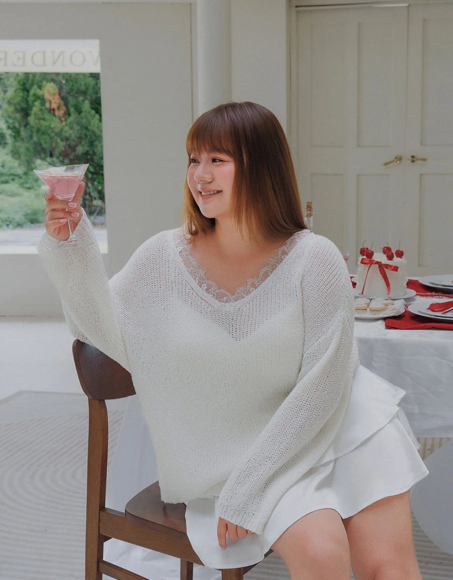 2 Way Lace Trim V Neck Open Knit Sweater 2 Way Lace Trim V Neck Open Knit Sweater