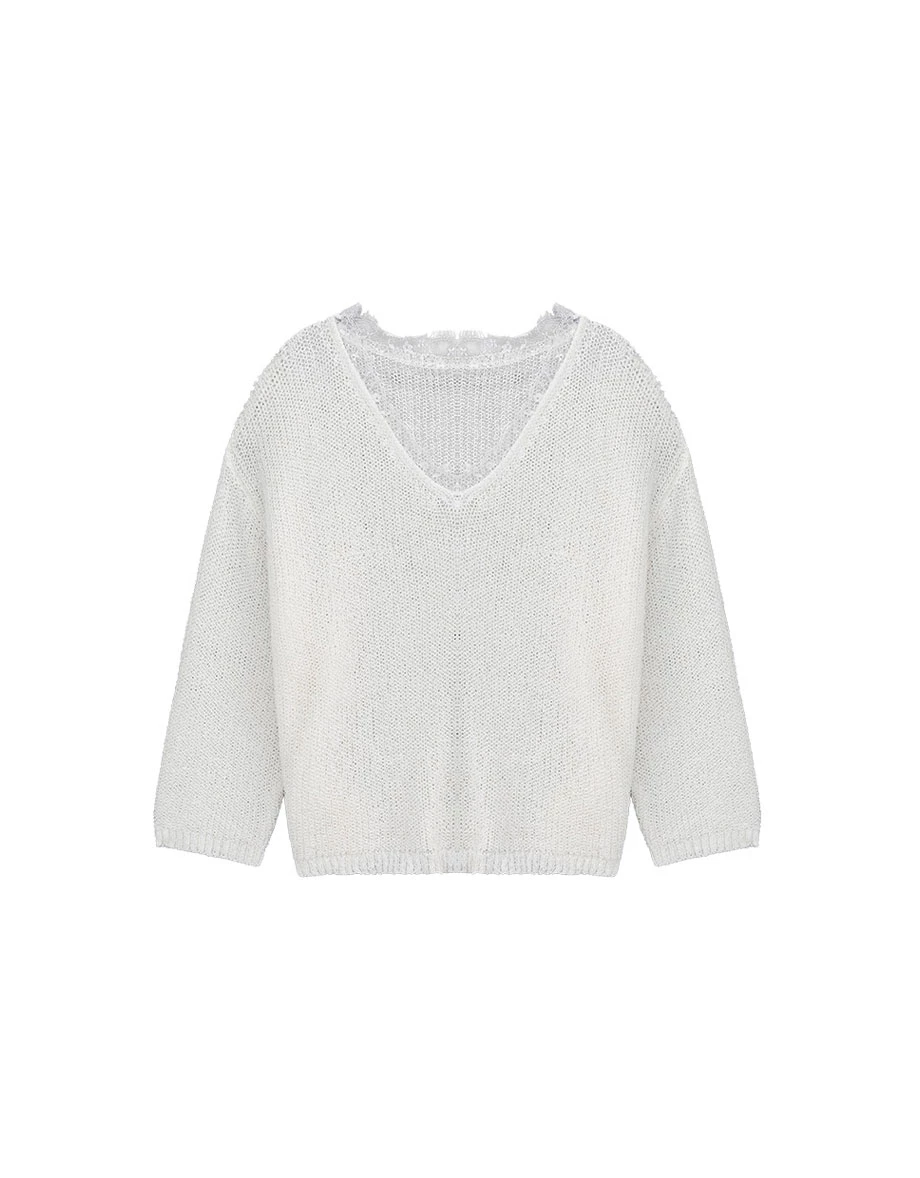 2 Way Lace Trim V Neck Open Knit Sweater 2 Way Lace Trim V Neck Open Knit Sweater
