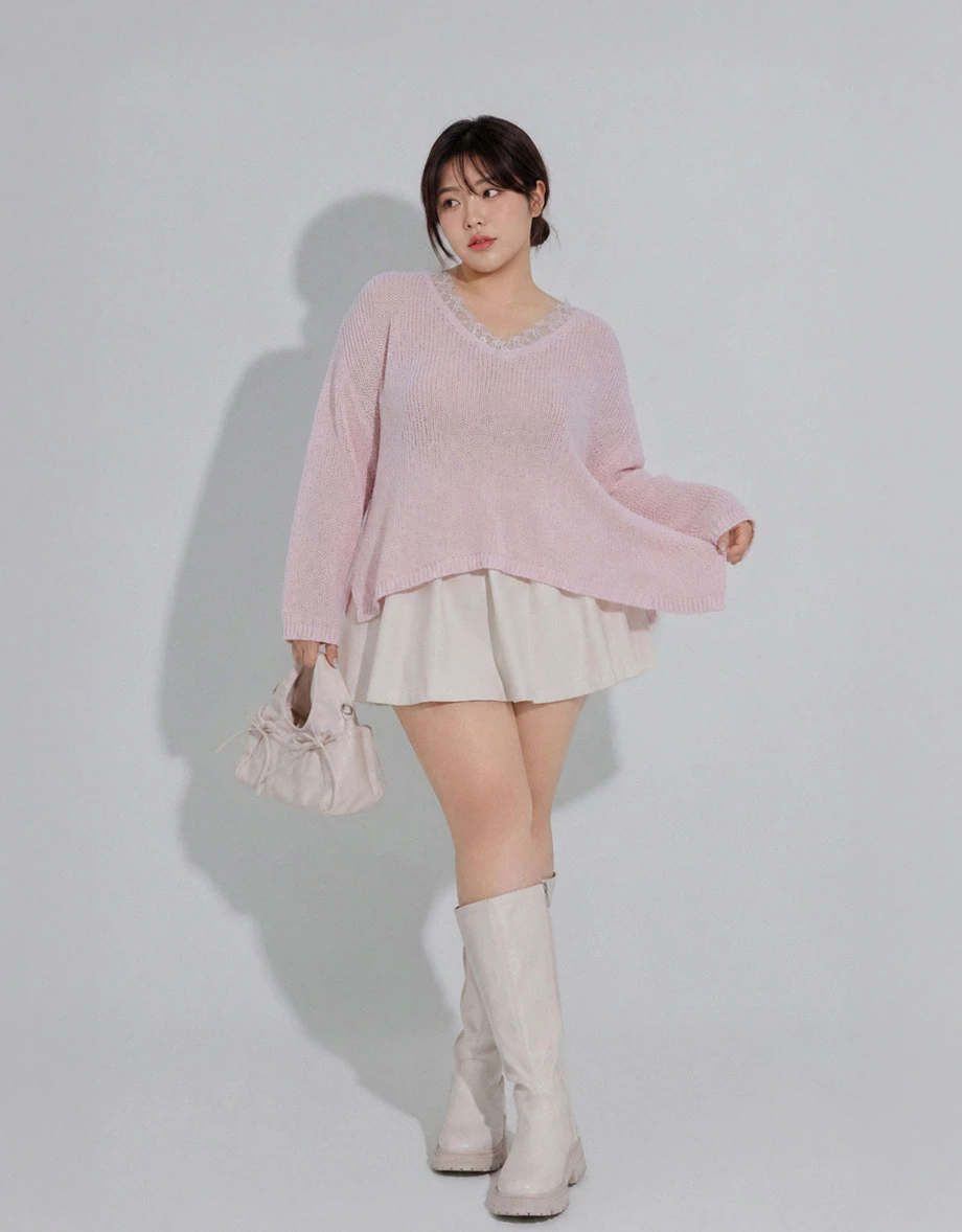 2 Way Lace Trim V Neck Open Knit Sweater 2 Way Lace Trim V Neck Open Knit Sweater