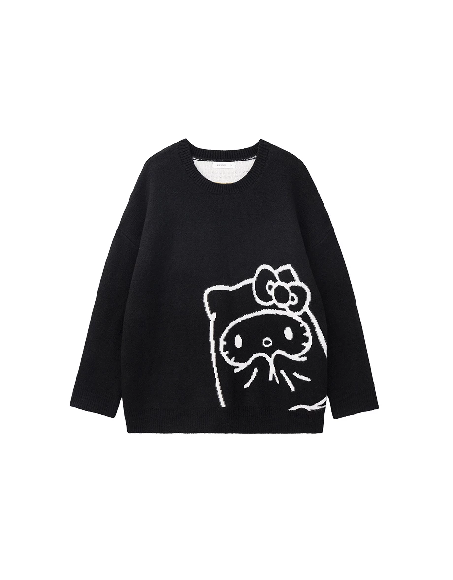【Hello Kitty】緹花圖案圓領長袖長版毛衣