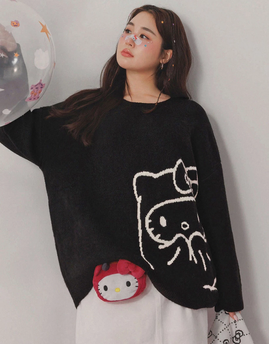 【Hello Kitty】緹花圖案圓領長袖長版毛衣