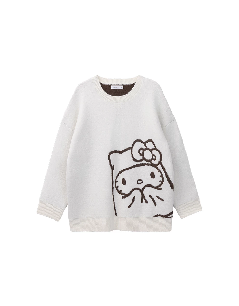 【Hello Kitty】緹花圖案圓領長袖長版毛衣
