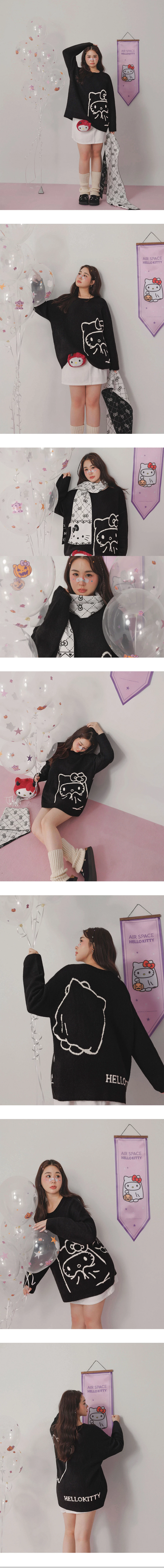【Hello Kitty】緹花圖案圓領長袖長版毛衣