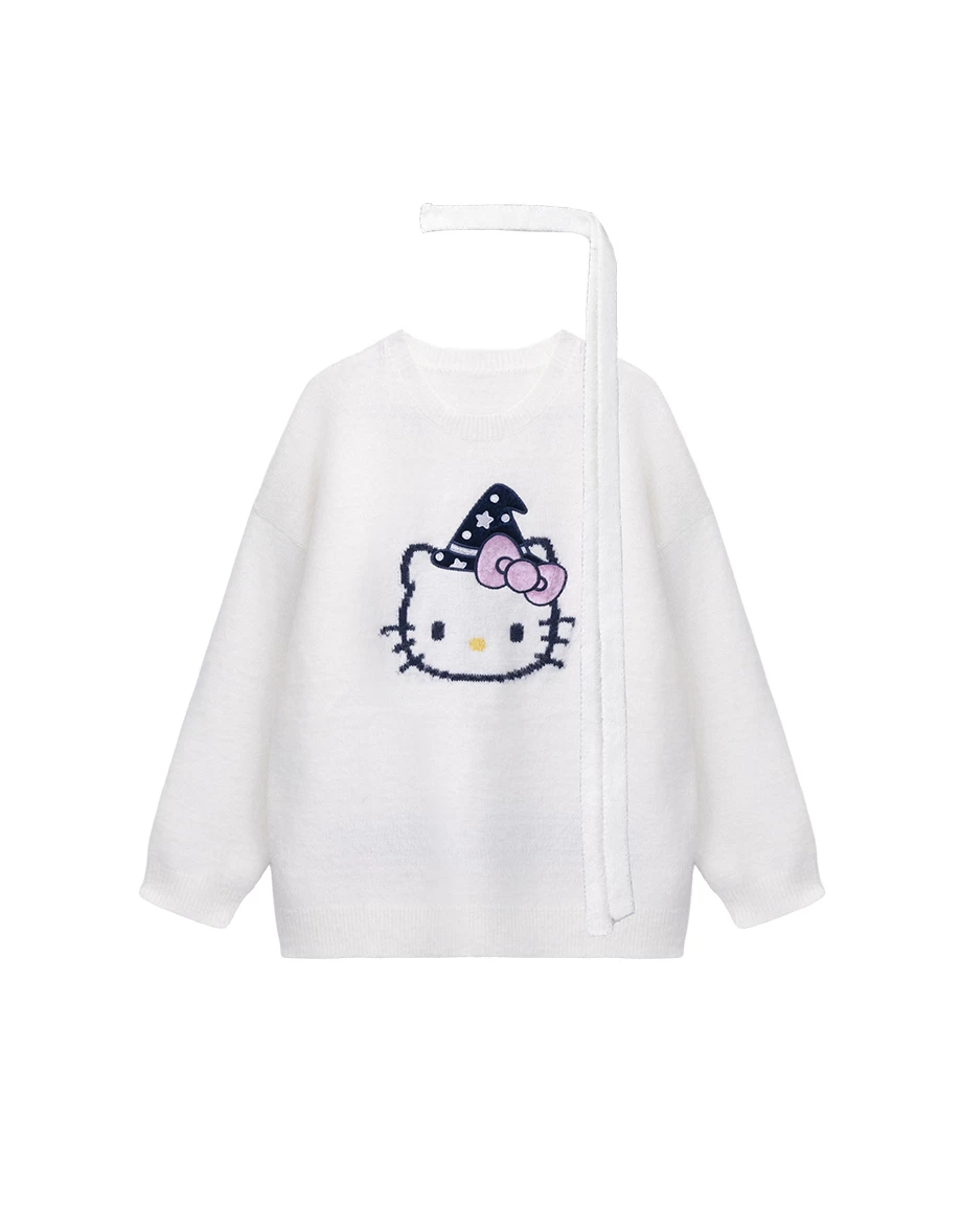 【Hello Kitty】緹花貼布繡圖案圓領長袖寬版毛衣(附領巾)