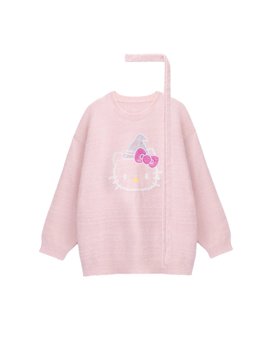 【Hello Kitty】緹花貼布繡圖案圓領長袖寬版毛衣(附領巾)