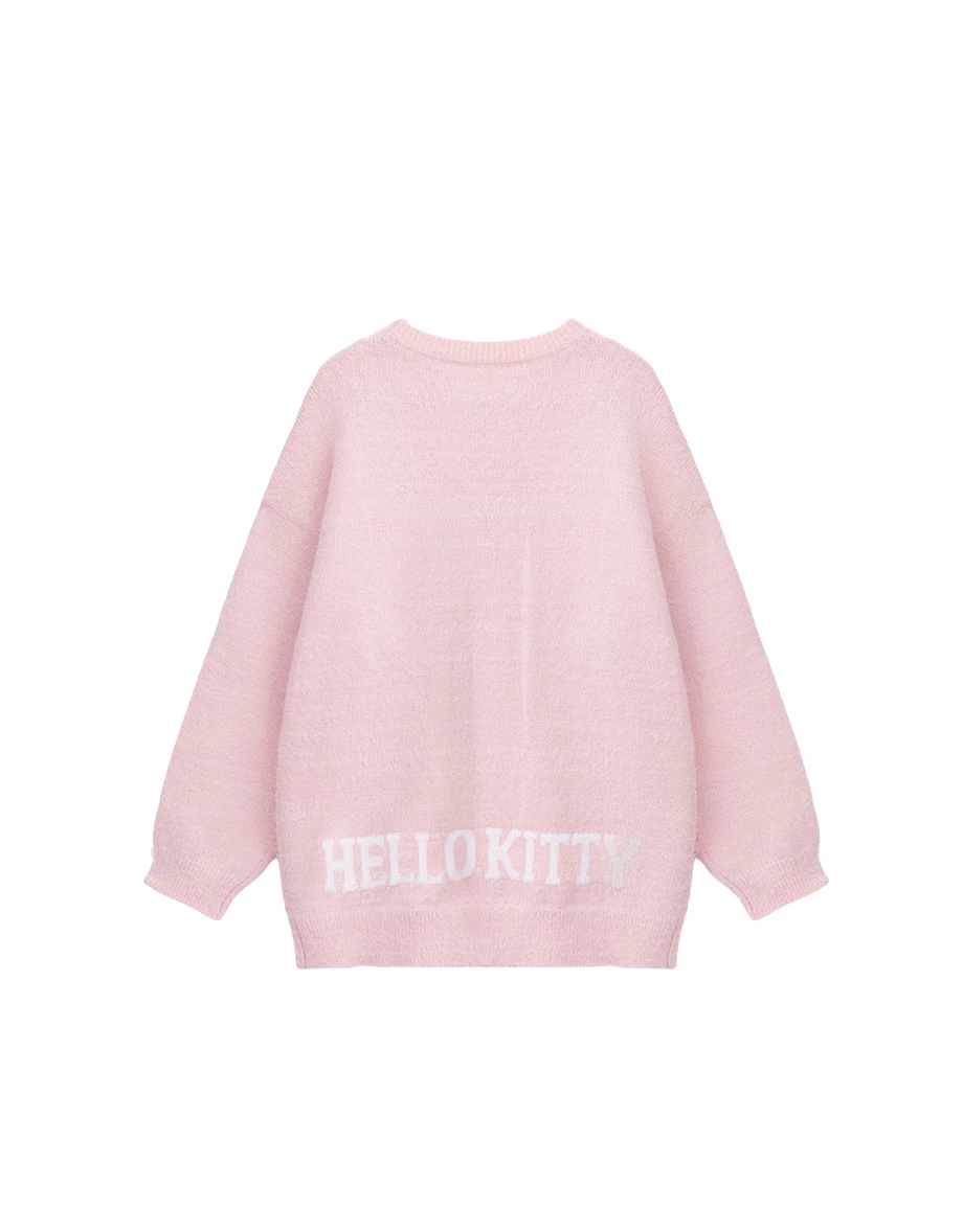 【Hello Kitty】緹花貼布繡圖案圓領長袖寬版毛衣(附領巾)