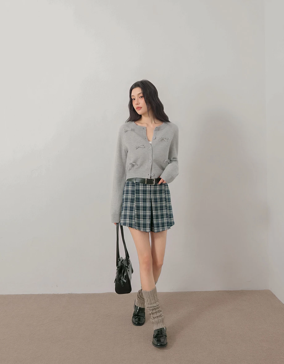 Ribbon Bow Applique Crew Neck Crop Knit Cardigan