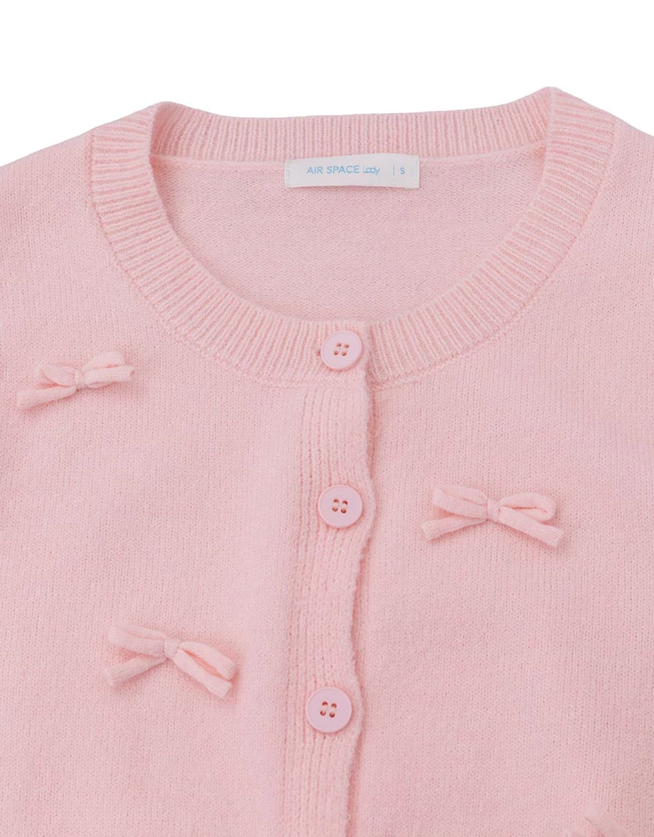 Ribbon Bow Applique Crew Neck Crop Knit Cardigan