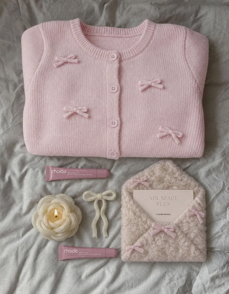Ribbon Bow Applique Crew Neck Crop Knit Cardigan