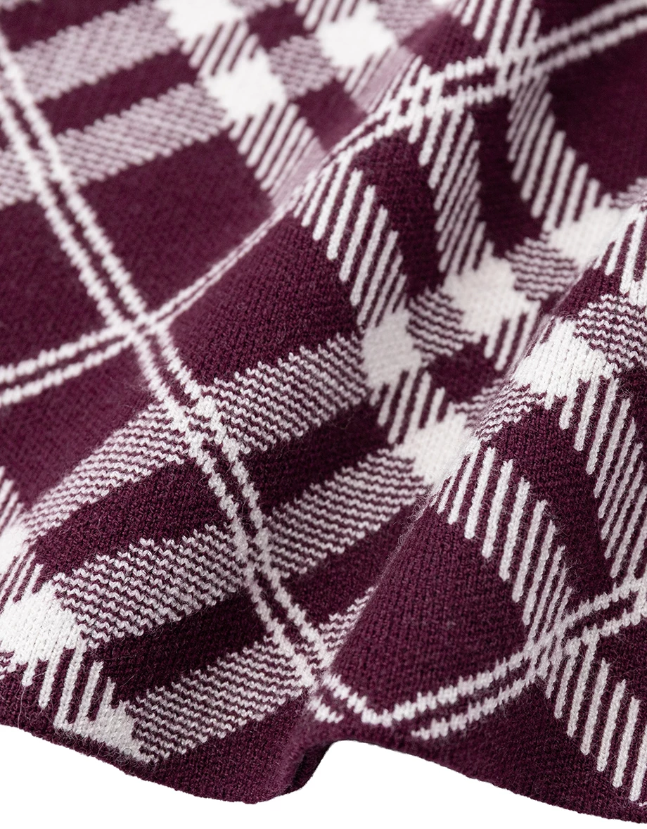 Crew Neck Contrast Bow Plaid Panel Long Sleeve Crop Knit Top