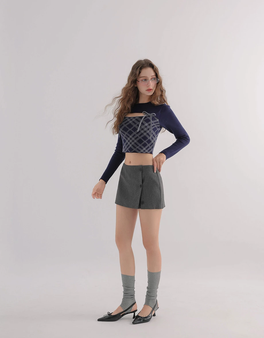 Crew Neck Contrast Bow Plaid Panel Long Sleeve Crop Knit Top
