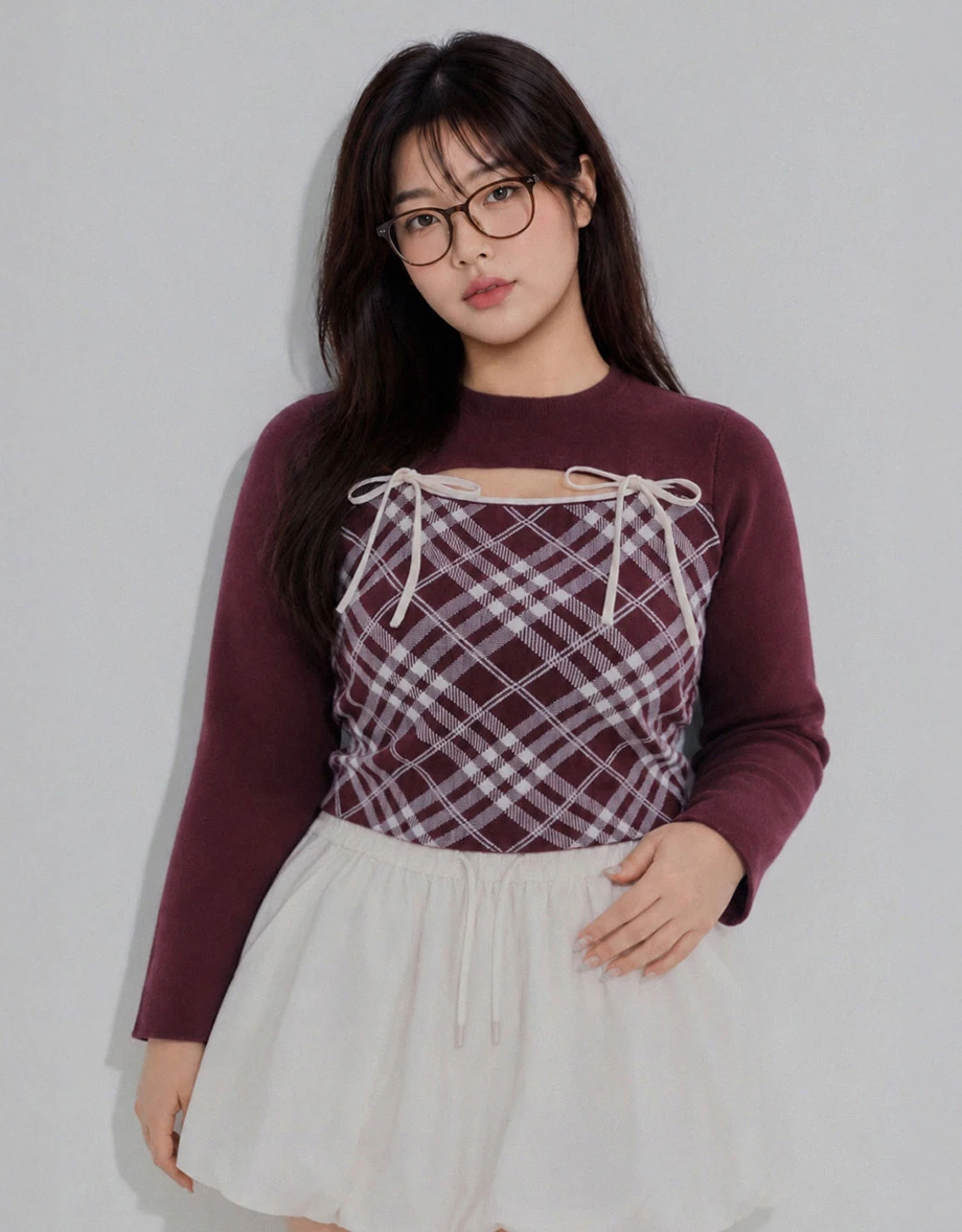 Crew Neck Contrast Bow Plaid Panel Long Sleeve Crop Knit Top