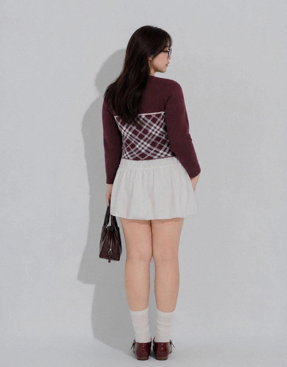 Crew Neck Contrast Bow Plaid Panel Long Sleeve Crop Knit Top
