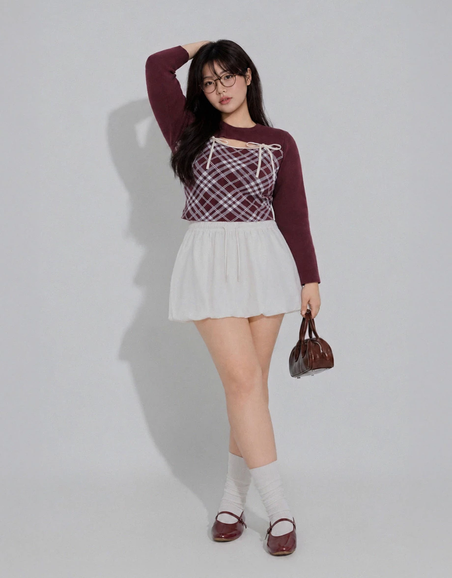 Crew Neck Contrast Bow Plaid Panel Long Sleeve Crop Knit Top