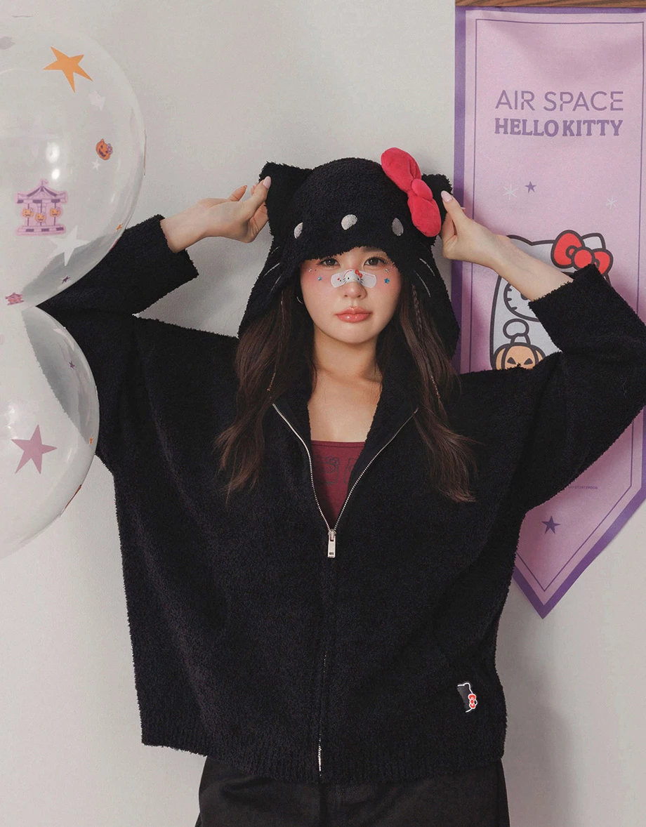 【Hello Kitty】立體蝴蝶結刺繡造型連帽長袖拉鍊針織外套 【Hello Kitty】立體蝴蝶結刺繡造型連帽長袖拉鍊針織外套