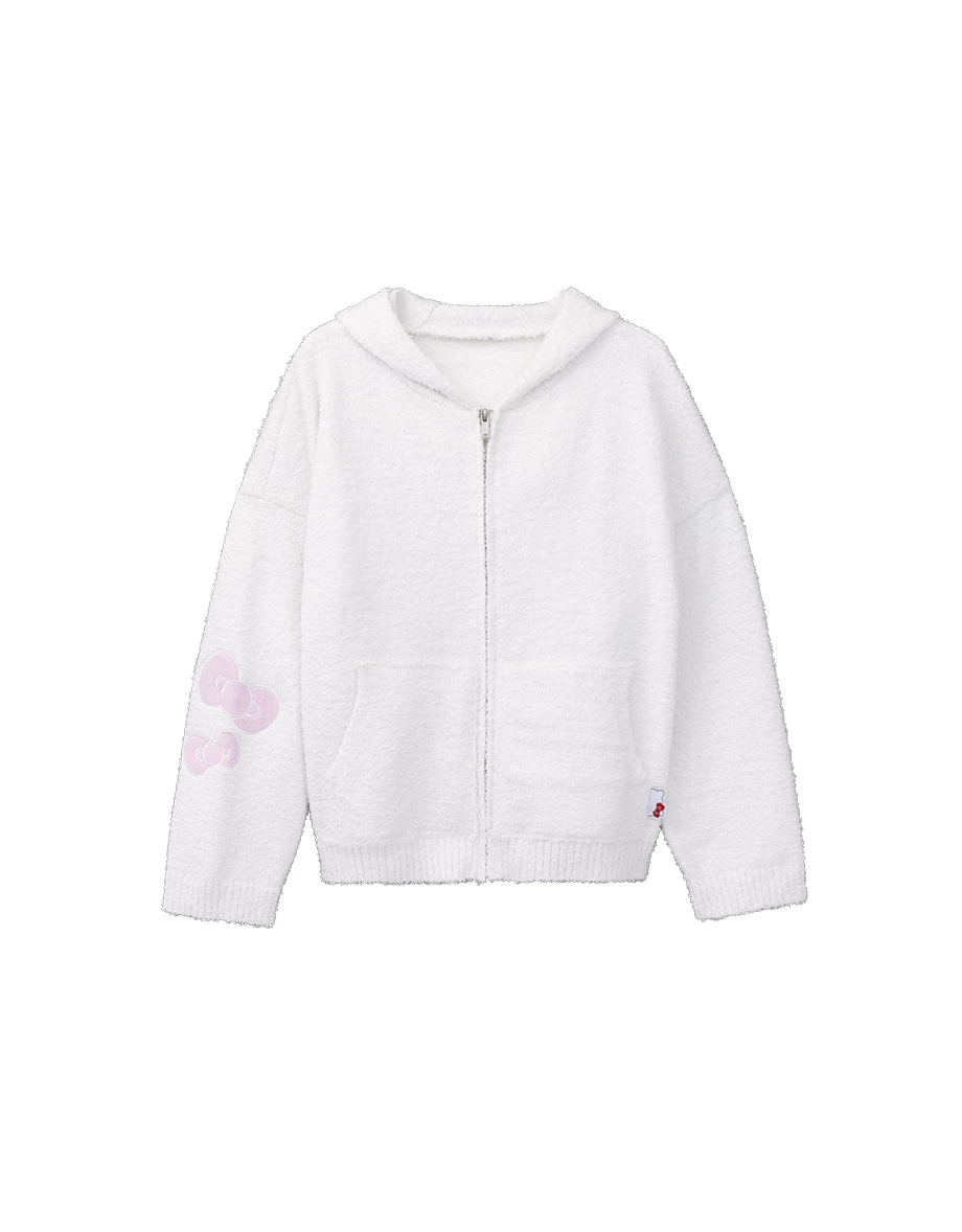 【Hello Kitty】立體蝴蝶結刺繡造型連帽長袖拉鍊針織外套