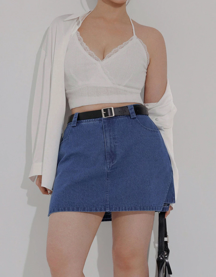層次側開衩牛仔短褲裙