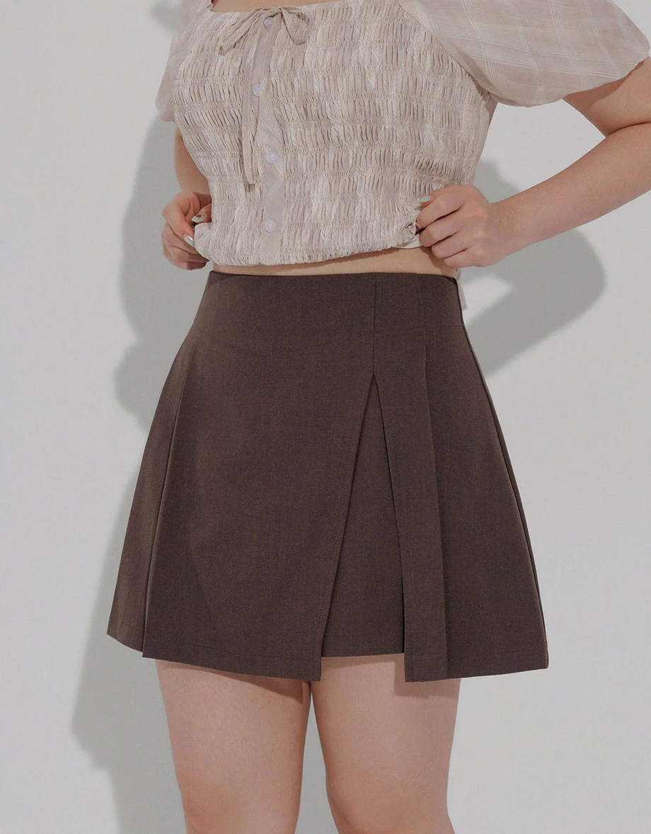 High Waist Asymmetric Pleated Wrap Front Wrinkle Resistant Tailored Mini Skort