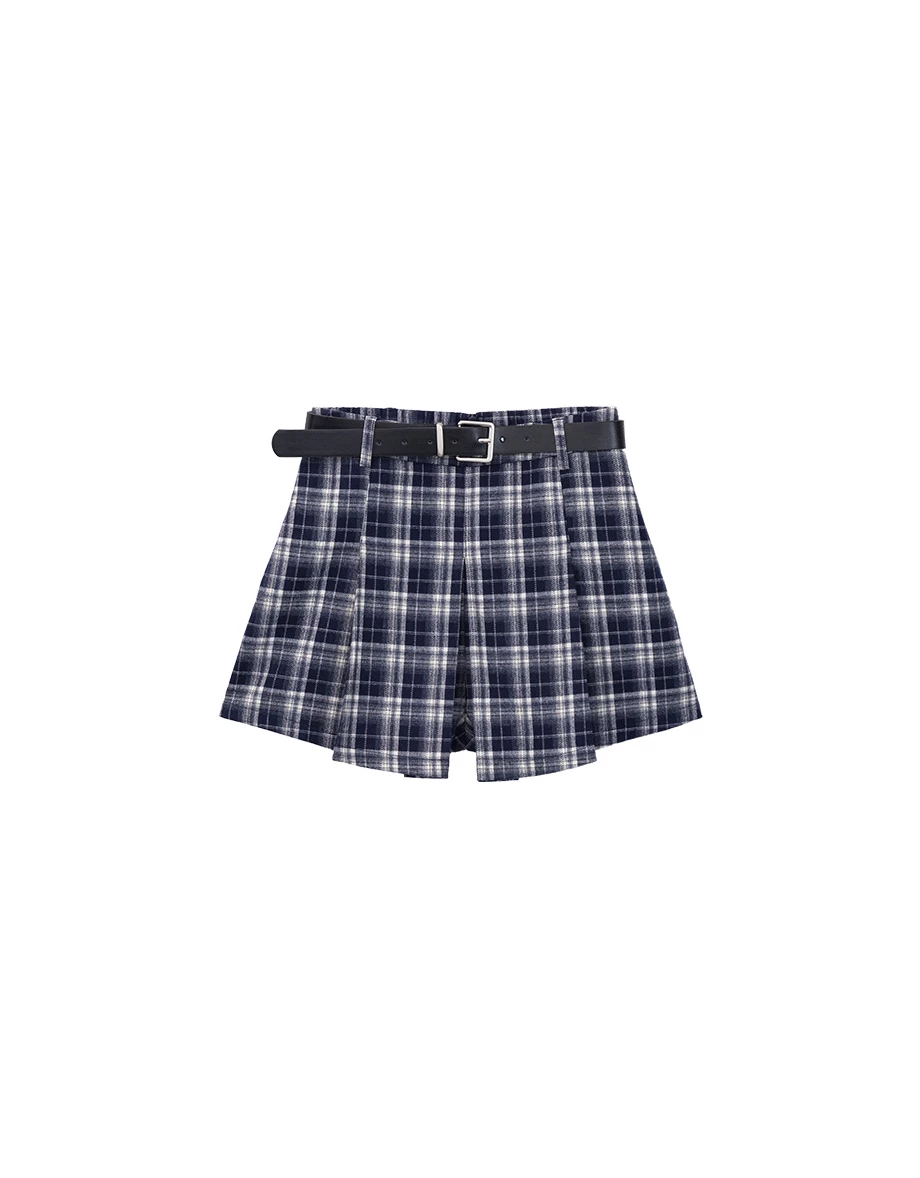 Plaid Pleated High Waist A Line Mini Skort (with Belt)