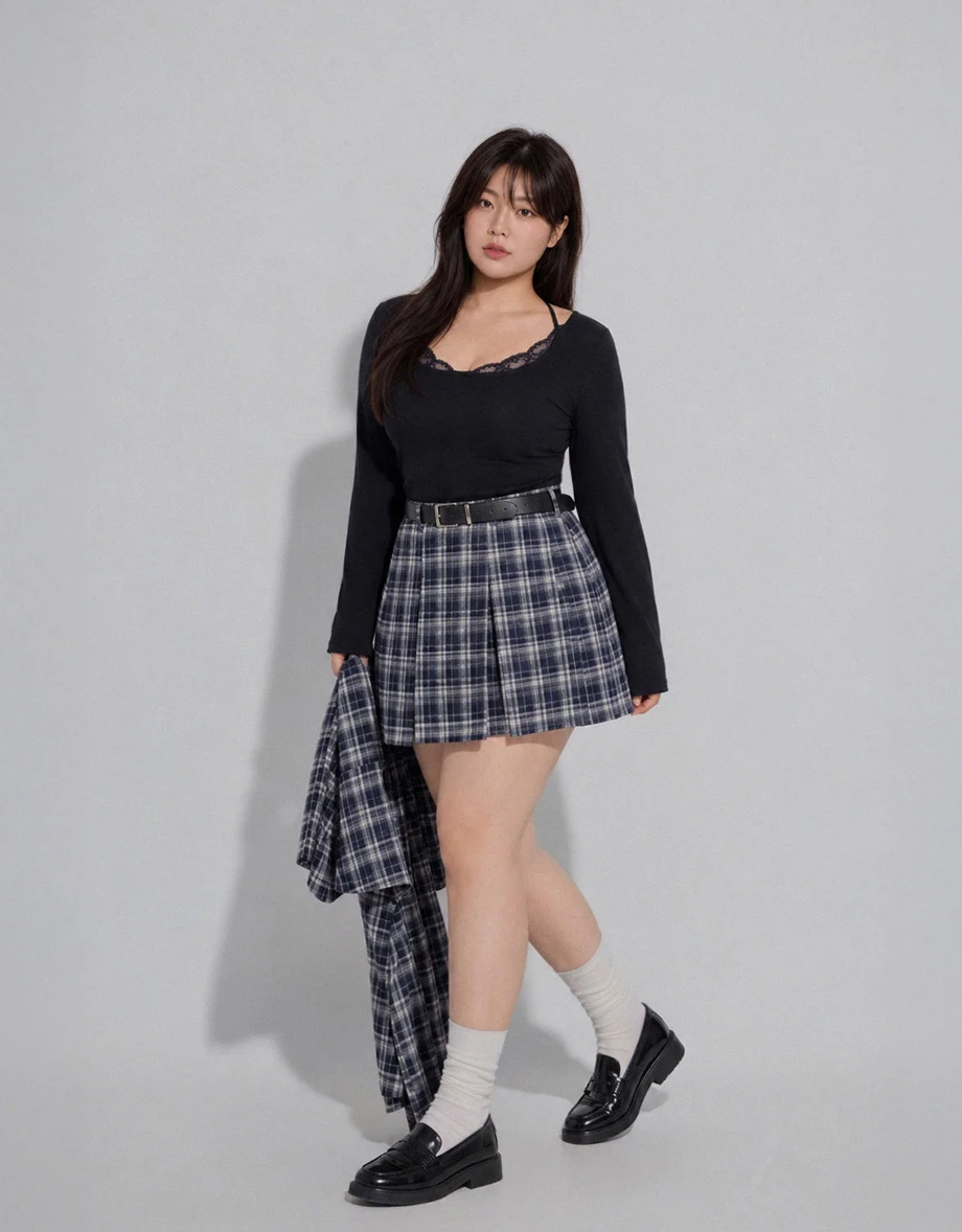 Plaid Pleated High Waist A Line Mini Skort (with Belt)