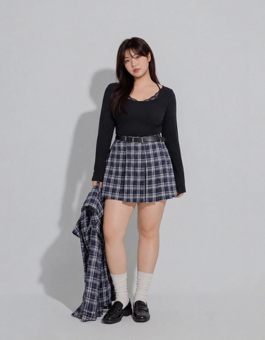 Plaid Pleated High Waist A Line Mini Skort (with Belt)