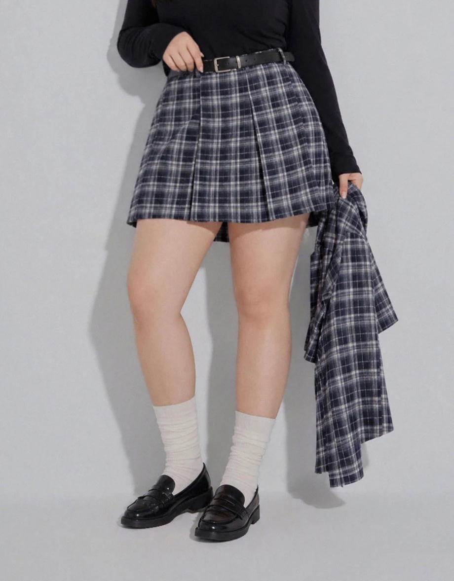 Plaid Pleated High Waist A Line Mini Skort (with Belt) Plaid Pleated High Waist A Line Mini Skort (with Belt)
