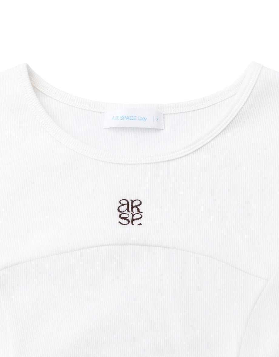 AIR SPACE Logo Embroidered Curved Hem Ribbed Short Sleeve Crop Top AIR SPACE Logo Embroidered Curved Hem Ribbed Short Sleeve Crop Top