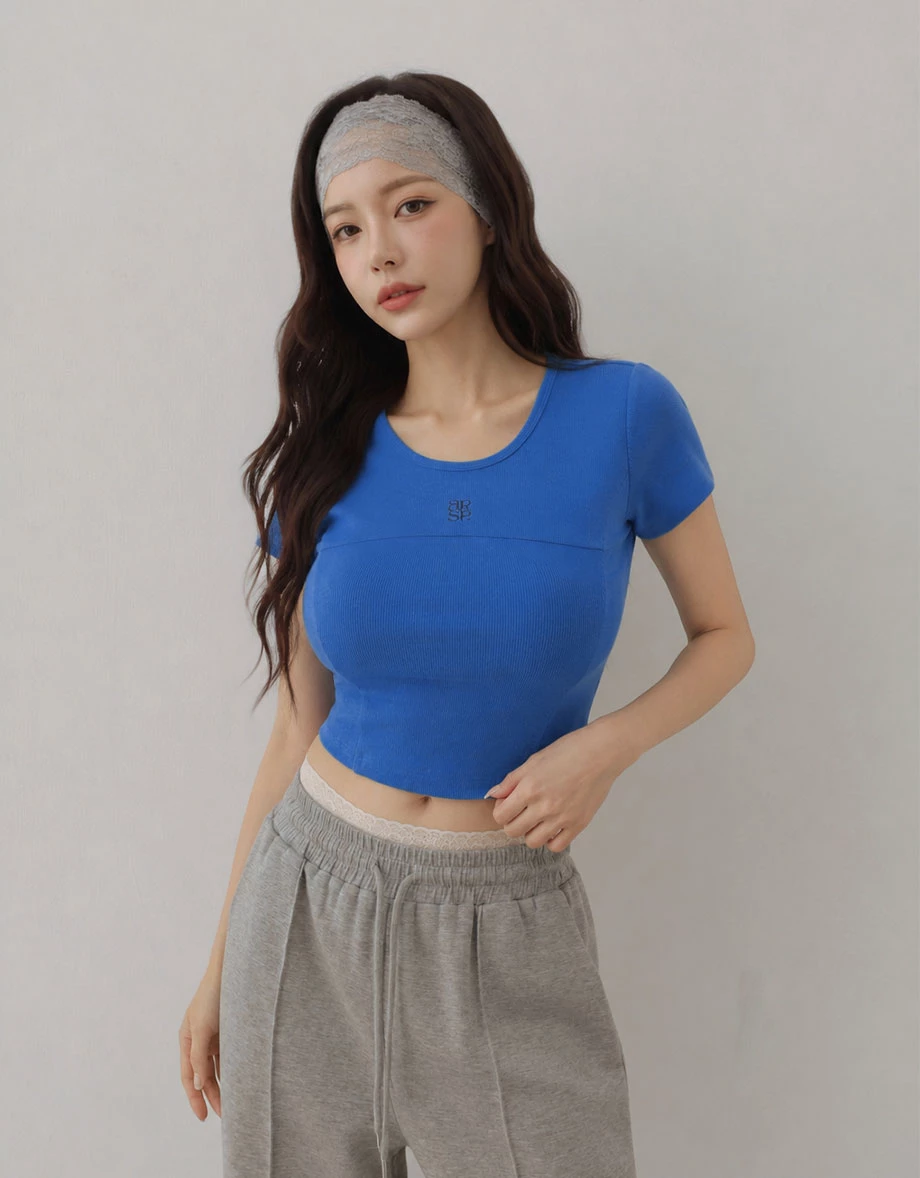 AIR SPACE Logo Embroidered Curved Hem Ribbed Short Sleeve Crop Top AIR SPACE Logo Embroidered Curved Hem Ribbed Short Sleeve Crop Top