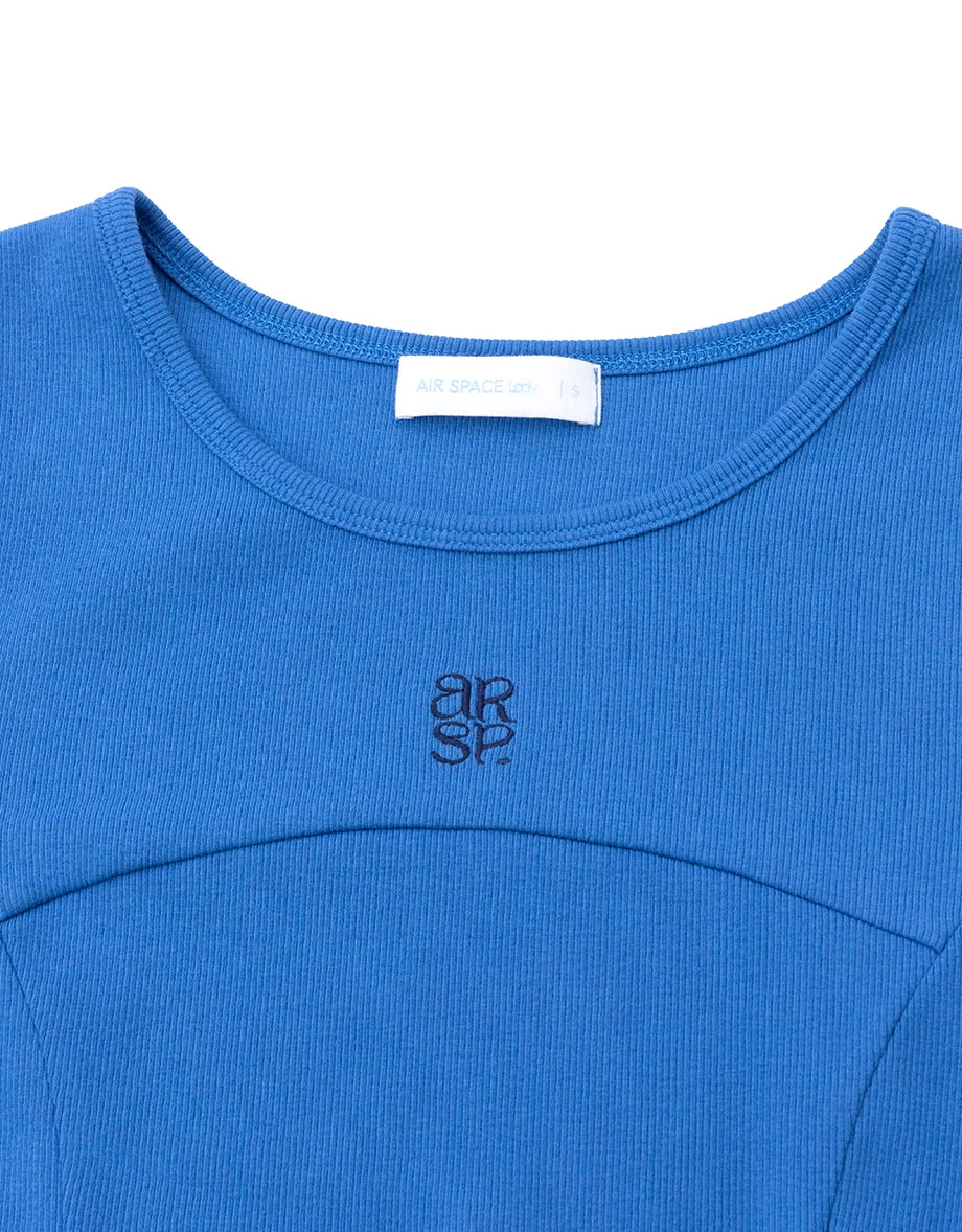 AIR SPACE Logo Embroidered Curved Hem Ribbed Short Sleeve Crop Top AIR SPACE Logo Embroidered Curved Hem Ribbed Short Sleeve Crop Top