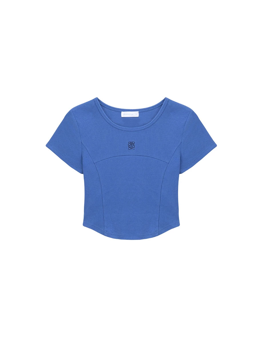 AIR SPACE Logo Embroidered Curved Hem Ribbed Short Sleeve Crop Top AIR SPACE Logo Embroidered Curved Hem Ribbed Short Sleeve Crop Top