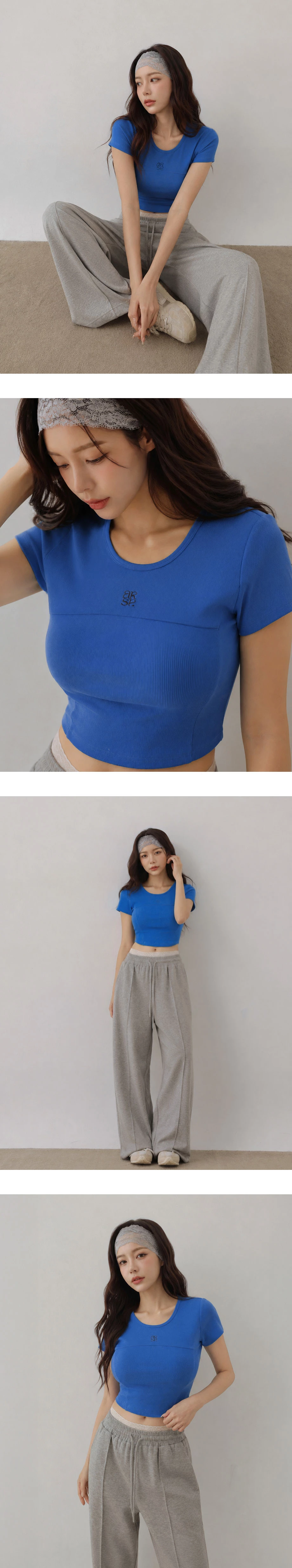 AIR SPACE Logo Embroidered Curved Hem Ribbed Short Sleeve Crop Top AIR SPACE Logo Embroidered Curved Hem Ribbed Short Sleeve Crop Top