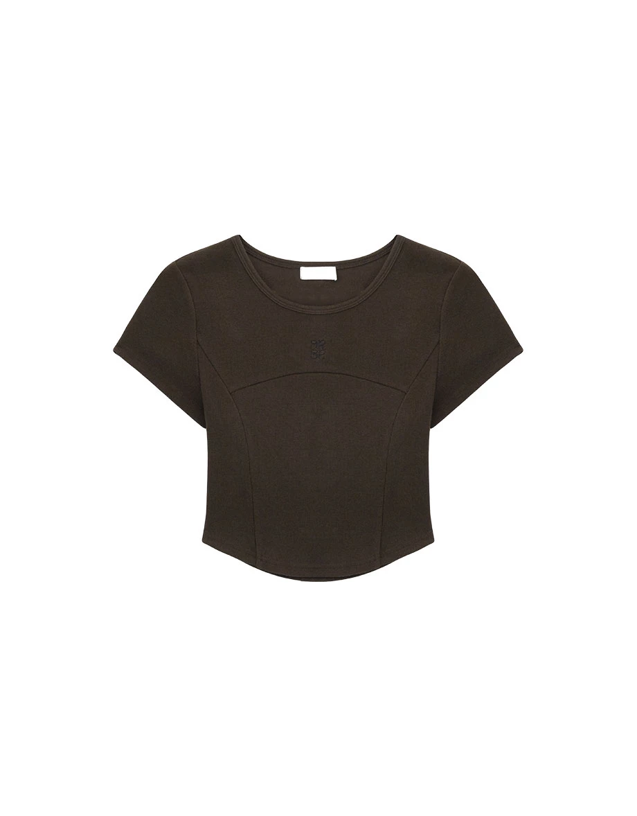 AIR SPACE Logo Embroidered Curved Hem Ribbed Short Sleeve Crop Top AIR SPACE Logo Embroidered Curved Hem Ribbed Short Sleeve Crop Top