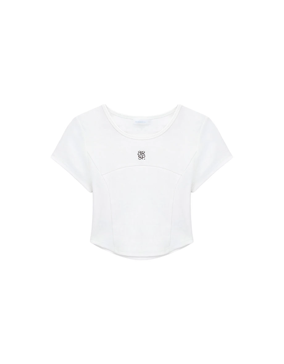 AIR SPACE Logo Embroidered Curved Hem Ribbed Short Sleeve Crop Top AIR SPACE Logo Embroidered Curved Hem Ribbed Short Sleeve Crop Top