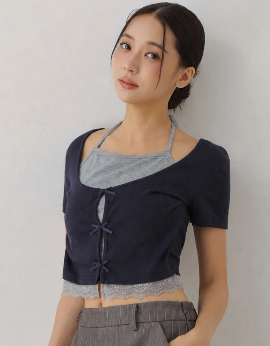 Faux 2 Piece Contrast Halter Neck Bow Cut Out Lace Trim Crop Top Faux 2 Piece Contrast Halter Neck Bow Cut Out Lace Trim Crop Top