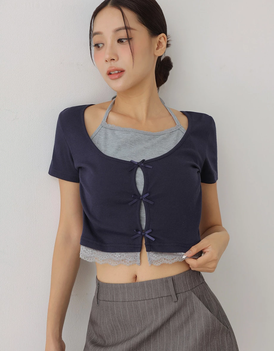 Faux 2 Piece Contrast Halter Neck Bow Cut Out Lace Trim Crop Top Faux 2 Piece Contrast Halter Neck Bow Cut Out Lace Trim Crop Top